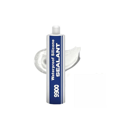 Waterproof silicone sealant tube with blue label on a white background