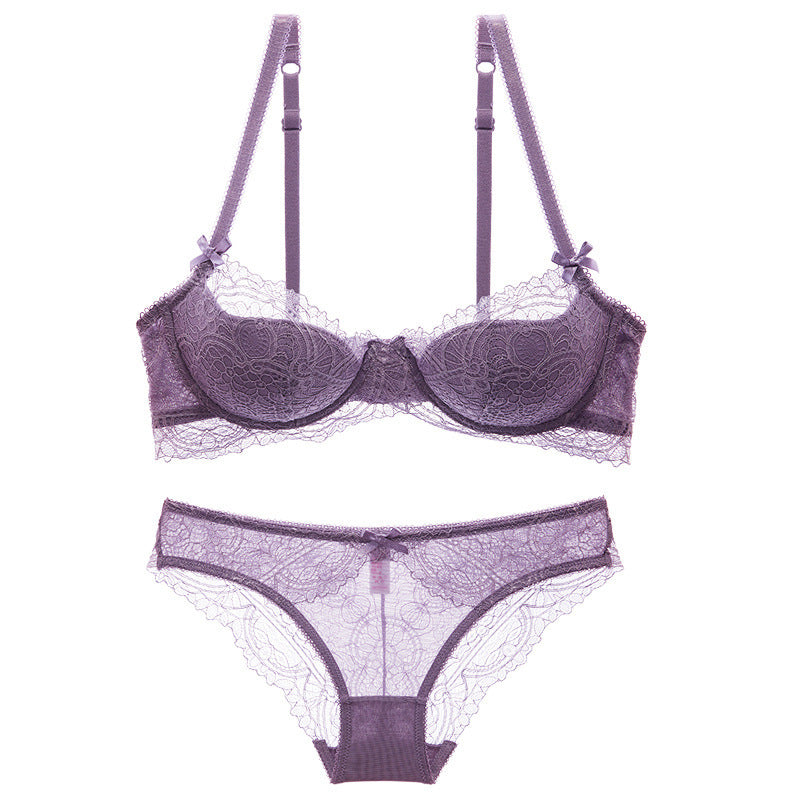 Purple lace lingerie set on a white background