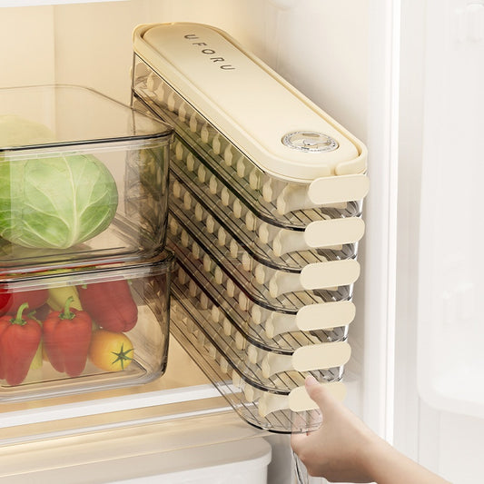 Stackable food storage containers with a hand reaching for one, placed inside a refrigerator.