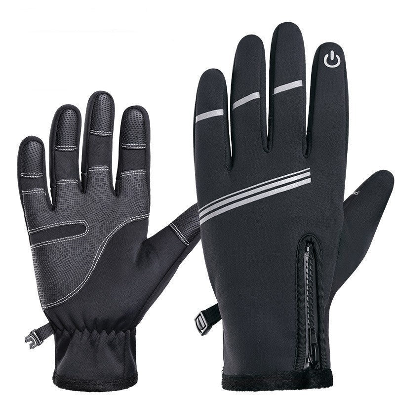 Black water-repellent composite fleece gloves with touch screen tips on a white background