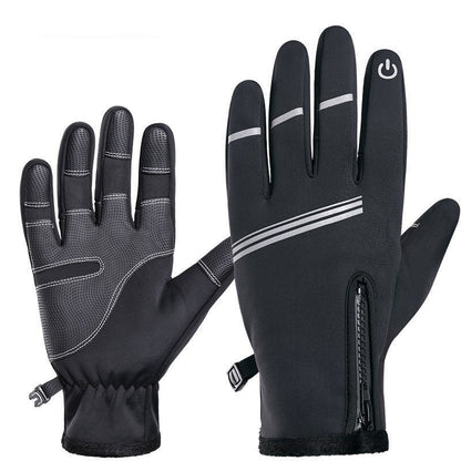 Black water-repellent composite fleece gloves with touch screen tips on a white background