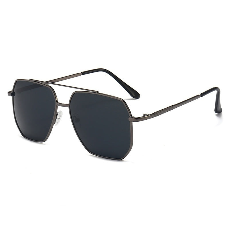 A pair of aviator style sunglasses with a double beam design, featuring dark lenses and a metallic frame.