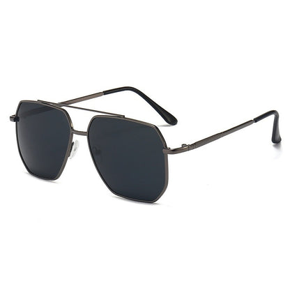 A pair of aviator style sunglasses with a double beam design, featuring dark lenses and a metallic frame.