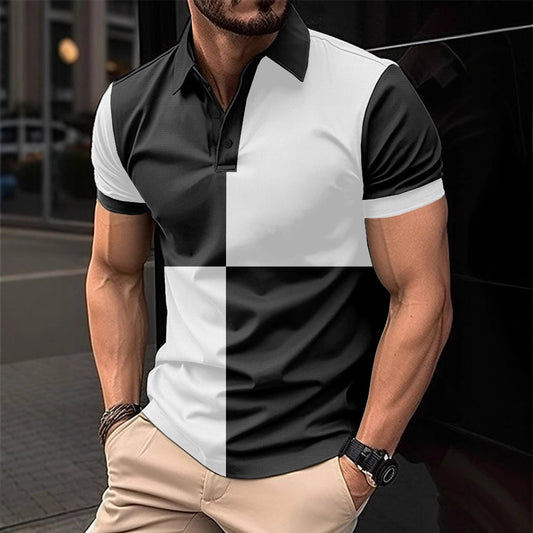 Casual Sports Short Sleeve Color Stitching Turnover Neck Polo Shirt for Men