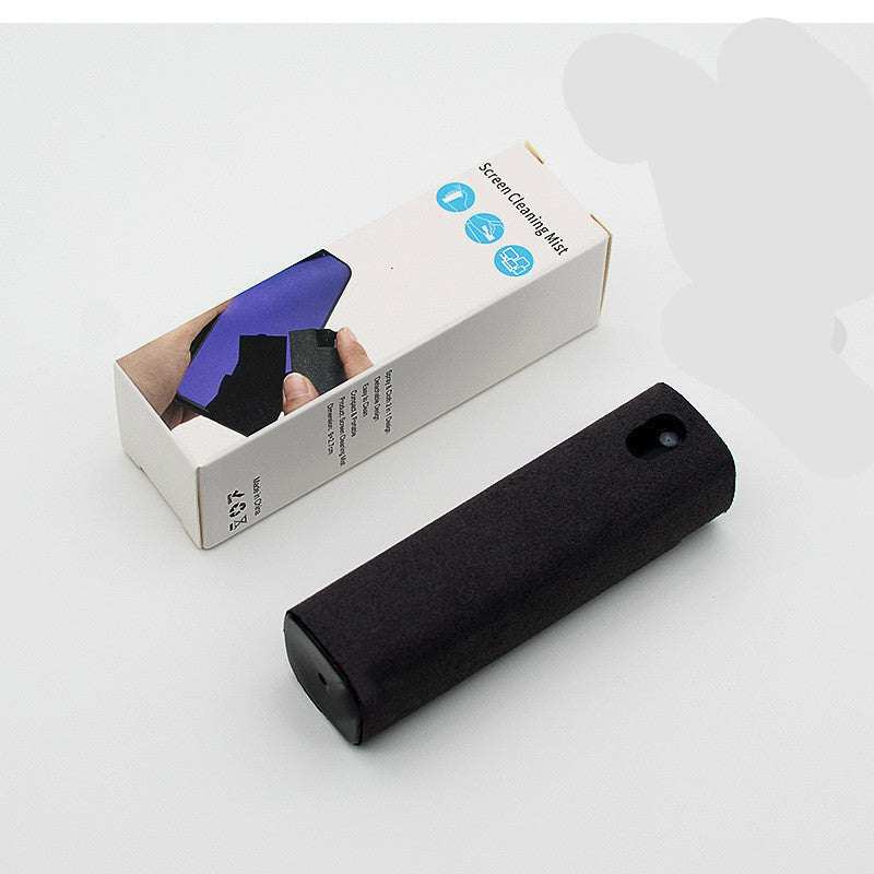 An advertisement showing a 2-in-1 screen cleaner with a spray bottle and a built-in microfiber wipe, being used to clean a smartphone screen.