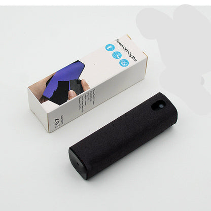 An advertisement showing a 2-in-1 screen cleaner with a spray bottle and a built-in microfiber wipe, being used to clean a smartphone screen.