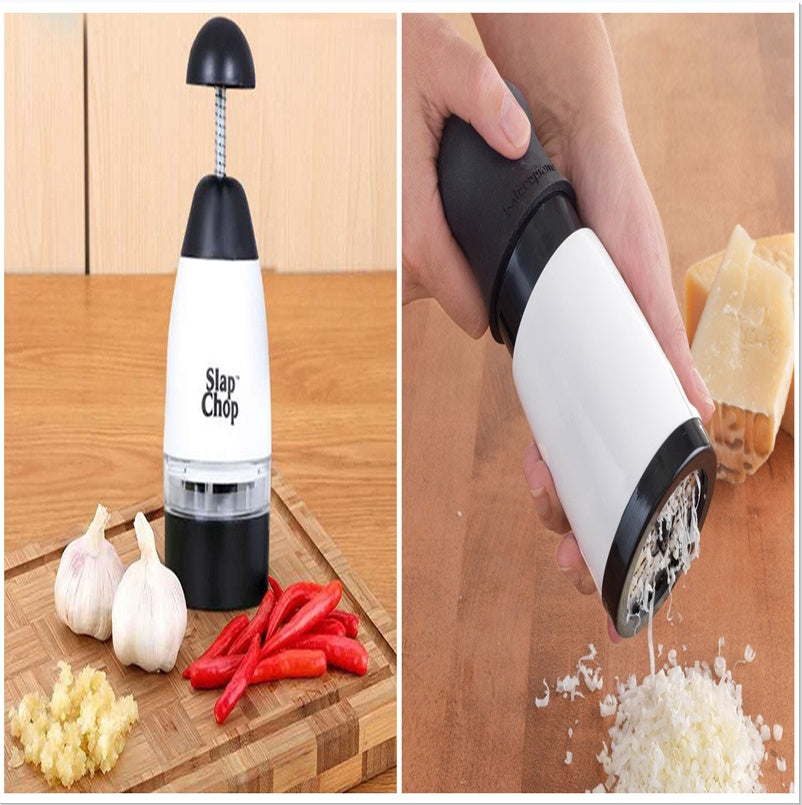Slap Chop kitchen tool on a wooden surface with garlic and red peppers.