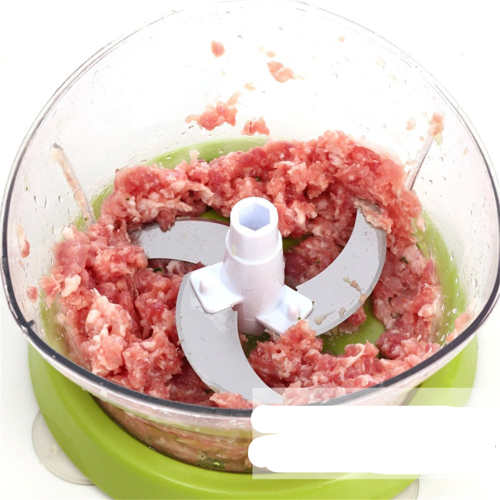 Food processor with ground meat and text indicating capacity and uses