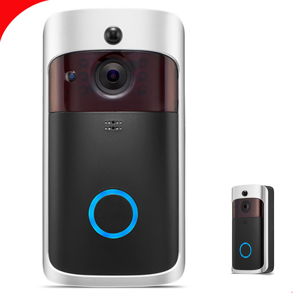Smart doorbell system with a main unit and a remote tag on a white background