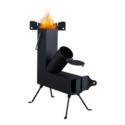 Black metal stove with flames on a white background