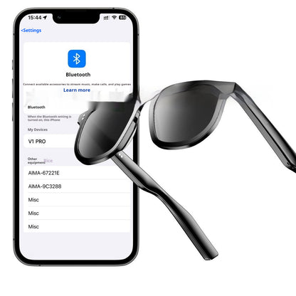 Smart sunglasses with Bluetooth connection on a smartphone screen