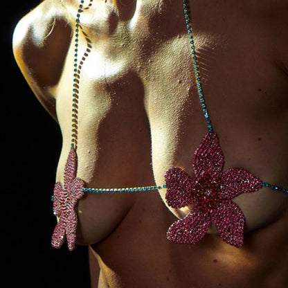 European and American Fashion Flower Chest Chain – Elegant Pink Crystal Design
