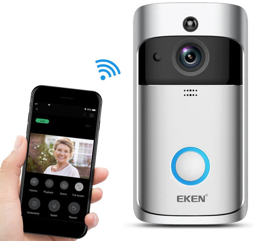 Smart doorbell with smartphone app interface and EKEN branding