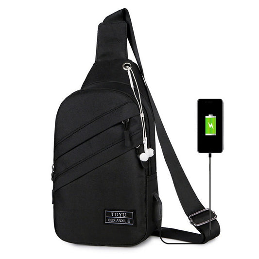 Black sling bag with USB port and smartphone on a white background