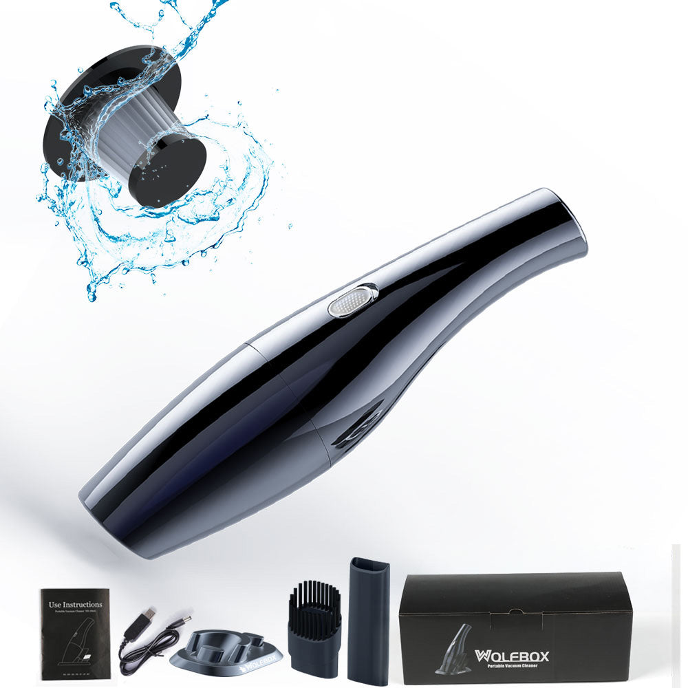 Black handheld hair dryer with accessories on a white background