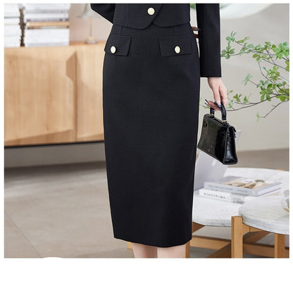 A woman in a white leisure formal suit with a blazer and a skirt, featuring long sleeves and gold buttons, standing outdoors.