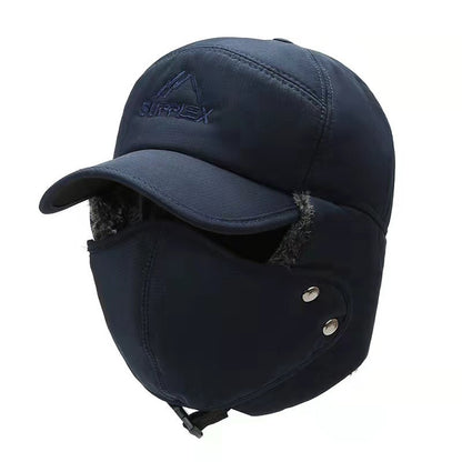 Navy winter cap with face mask and ear flaps on a white background
