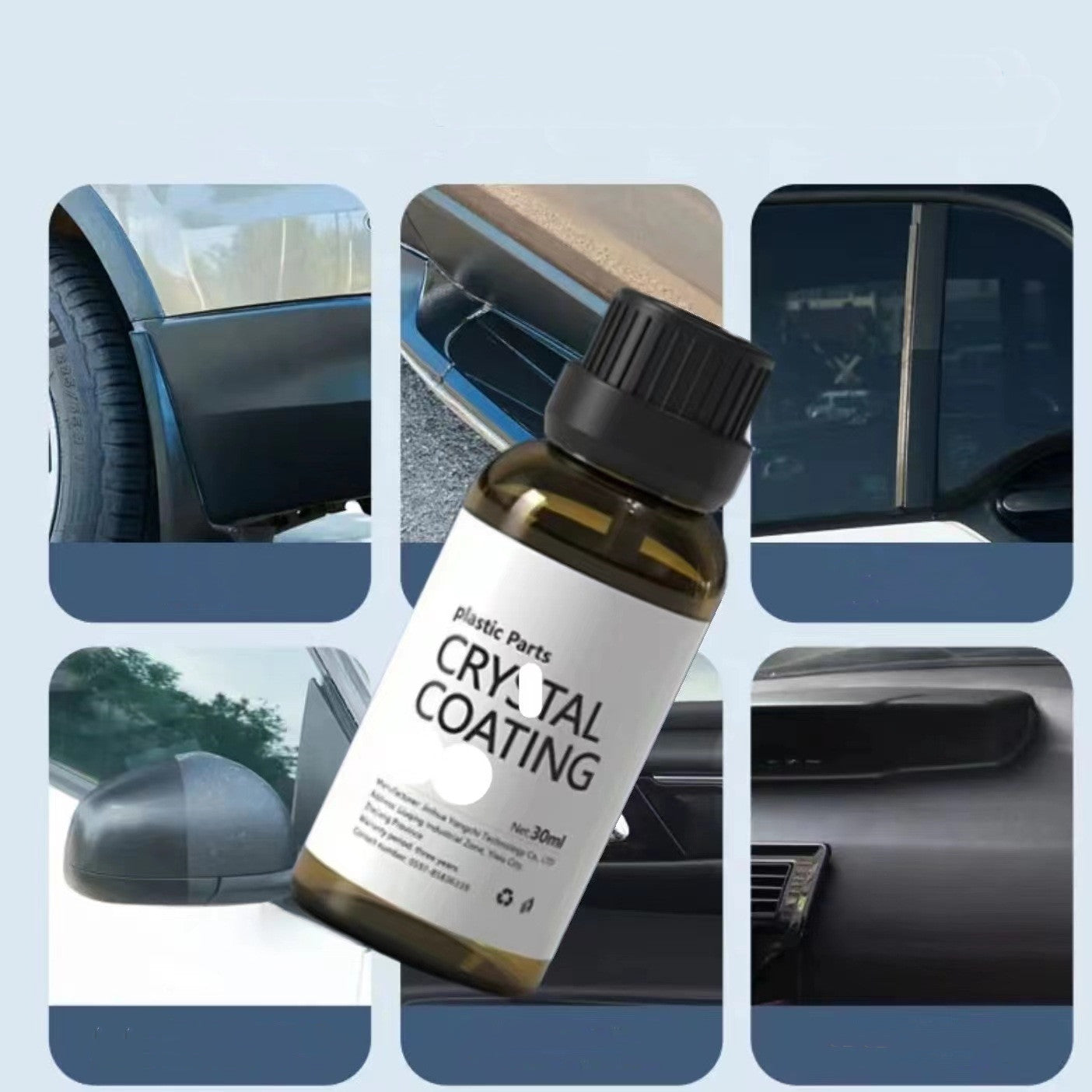 Bottle of 'Crystal Coating' with car parts in the background