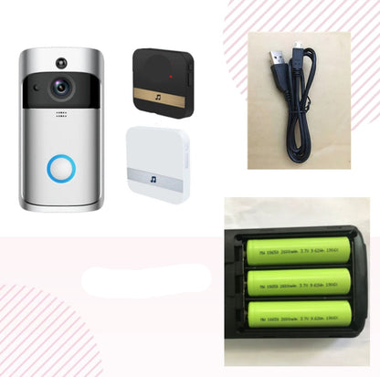 Smart doorbell with accessories including a cable, UK plug adapter, and batteries on a white background.