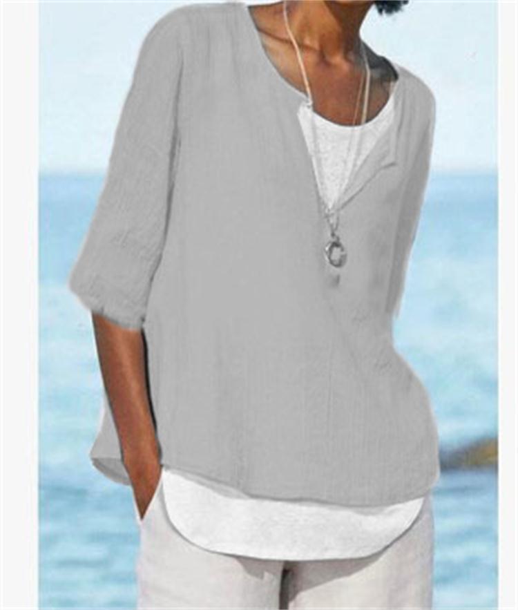2025 Spring And Summer V-neck Solid Color Cotton And Hemp Medium Sleeve Women's Shirt