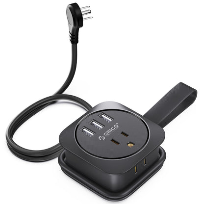 Black power strip with multiple outlets and USB ports on a white background