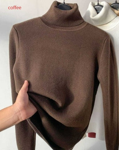 Fleece Turtle Neck Sweater - Winter Warm Elegant Thick Knitted Pullover Tops for Women