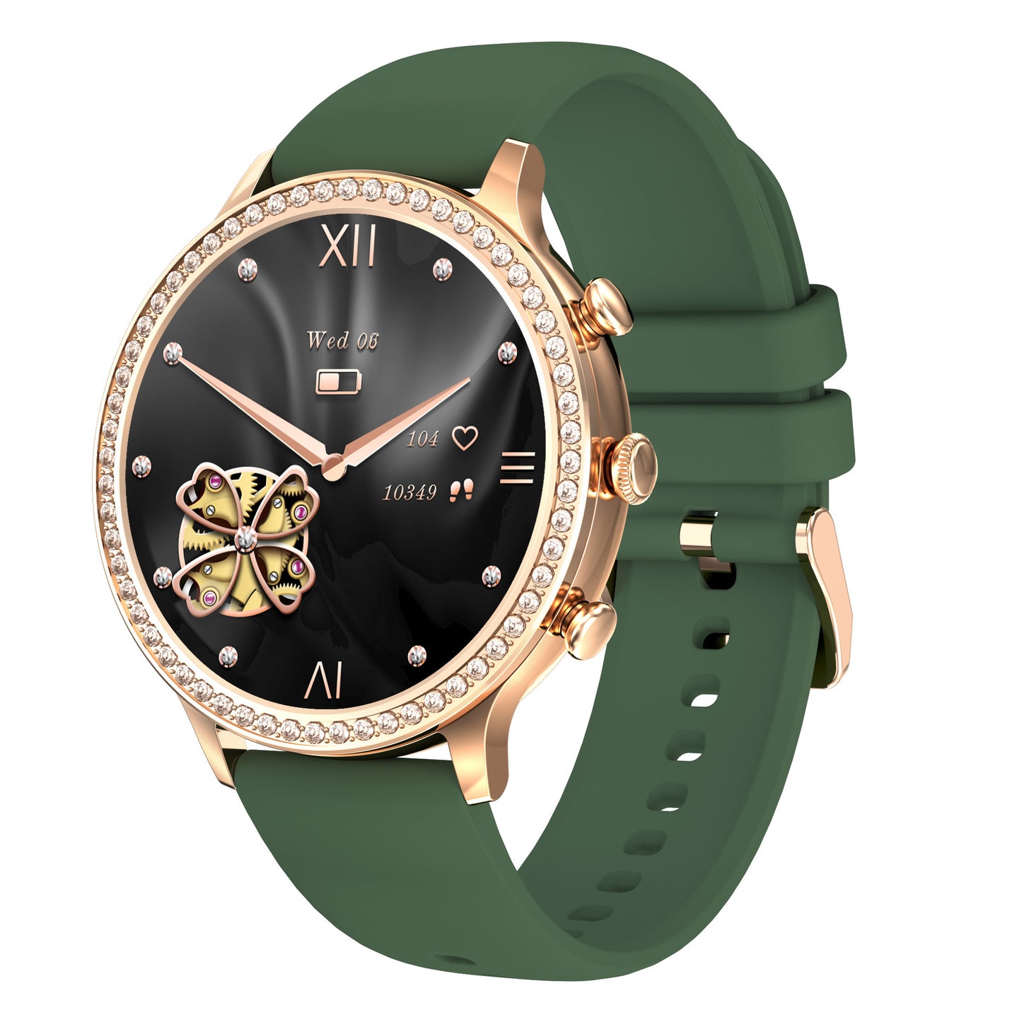 Smartwatch with a green strap and rose gold case on a white background