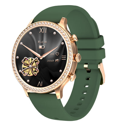 Smartwatch with a green strap and rose gold case on a white background