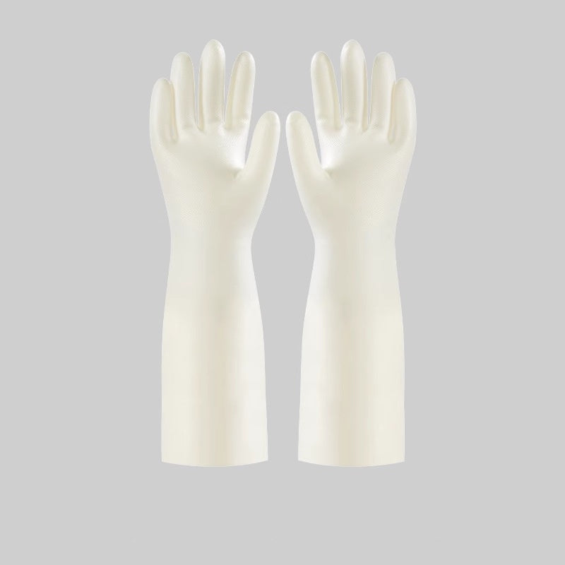 Pair of white nitrile protective gloves with measurement details on a gray background