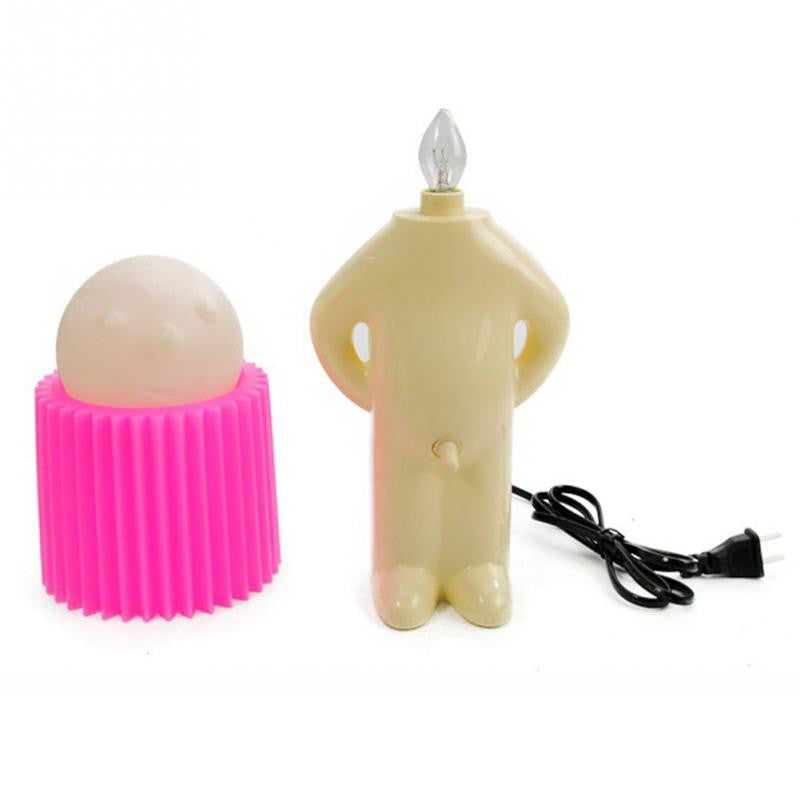 Unusual light fixture with pink base and beige body on a white background