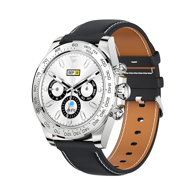Wristwatch with black and brown leather strap on a white background