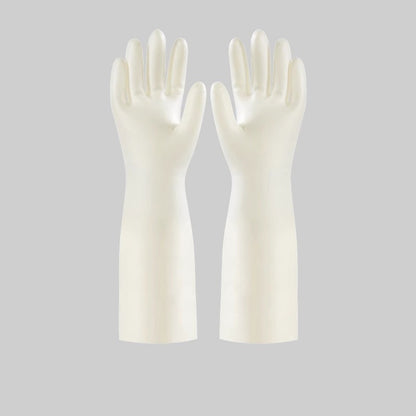 Pair of white nitrile protective gloves with measurement details on a gray background