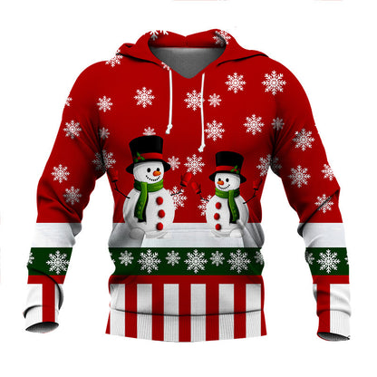 Red hoodie with snowmen and snowflake patterns on a white background