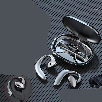 Black wireless earbuds with charging case on a dark background