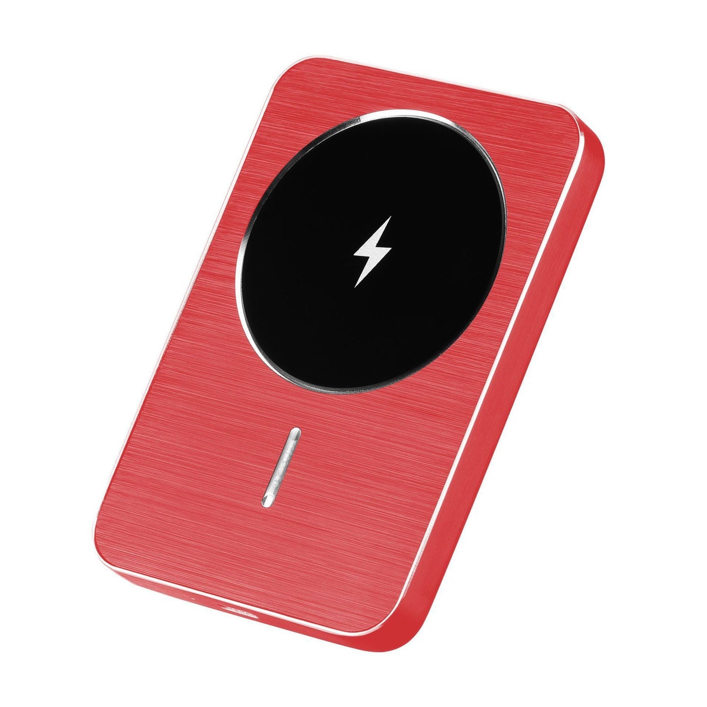 Red wireless charging pad with a black circle and lightning bolt symbol on a white background