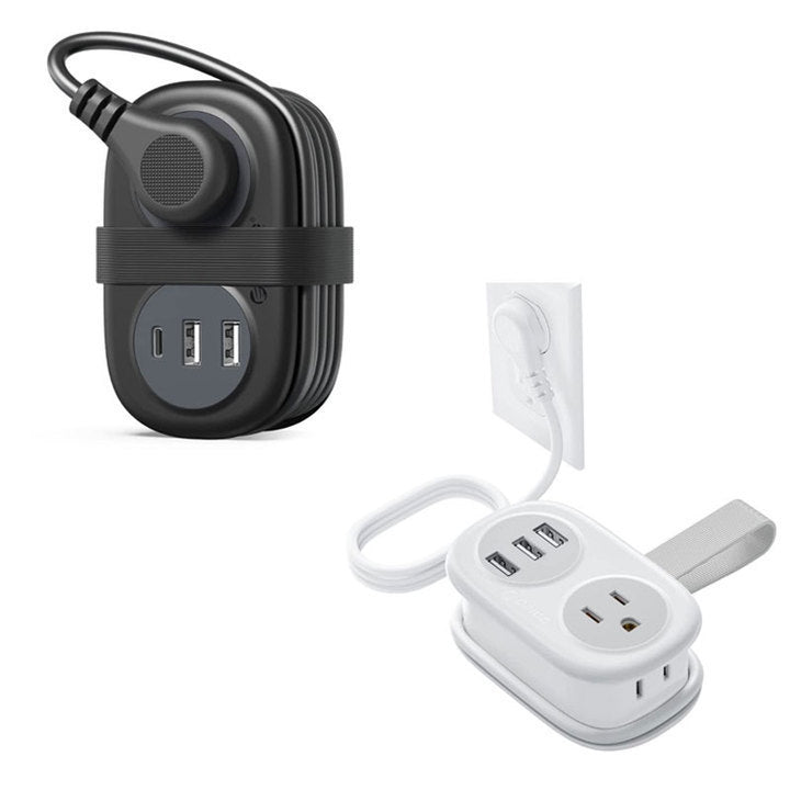 Black and white power strips with multiple outlets and USB ports on a white background