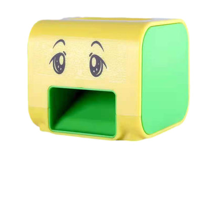Yellow and green rectangular object with cartoon face on a white background