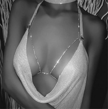 Shining Rhinestone Halter Necklace Bikini Beach Body Chain