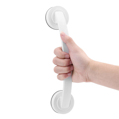 Hand holding a white grab bar with suction cups on a white background