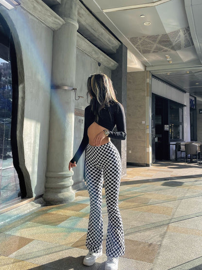 Chessboard Plaid Bell-bottom Pants Female Fitness Yoga Wear