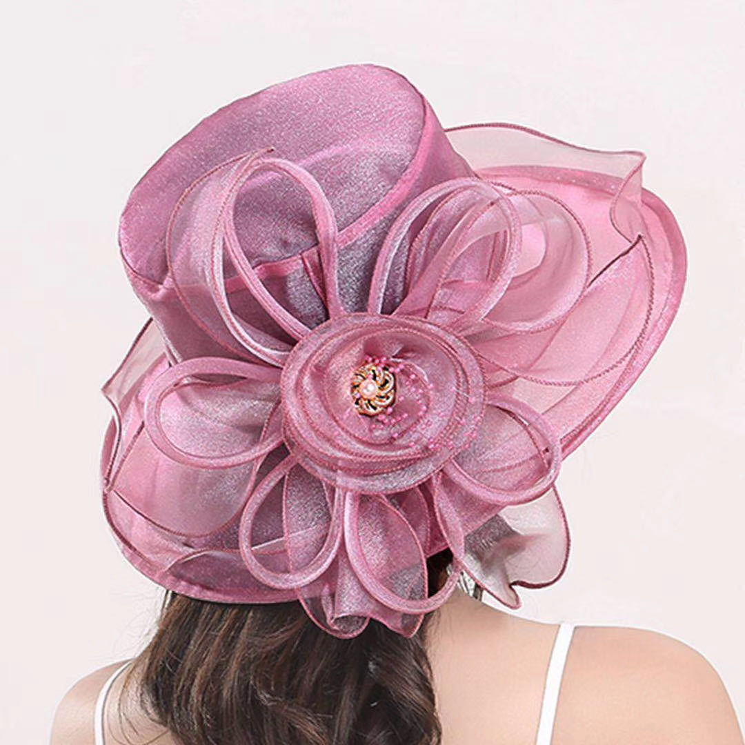 Women's Gauze Flower Wide Brim Hat