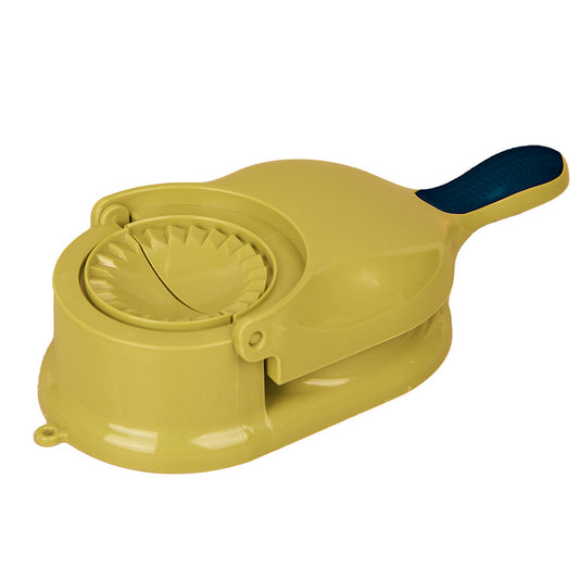 Yellow kitchen tool with a blue handle on a white background