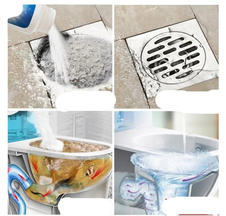 Before and after use of a drain cleaner on various clogged drains.