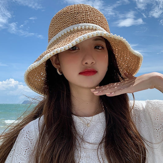 Women’s Braided Pearl Straw Sun Visor Hat