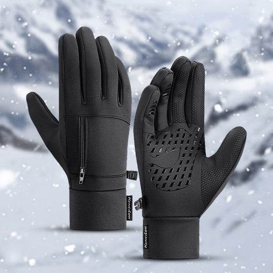 Black gloves with touch screen tips on a snowy background
