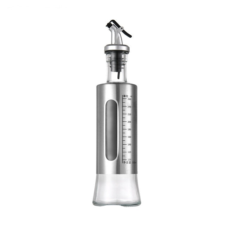 Olive oil bottle with measurement markings and dimensions on a white background