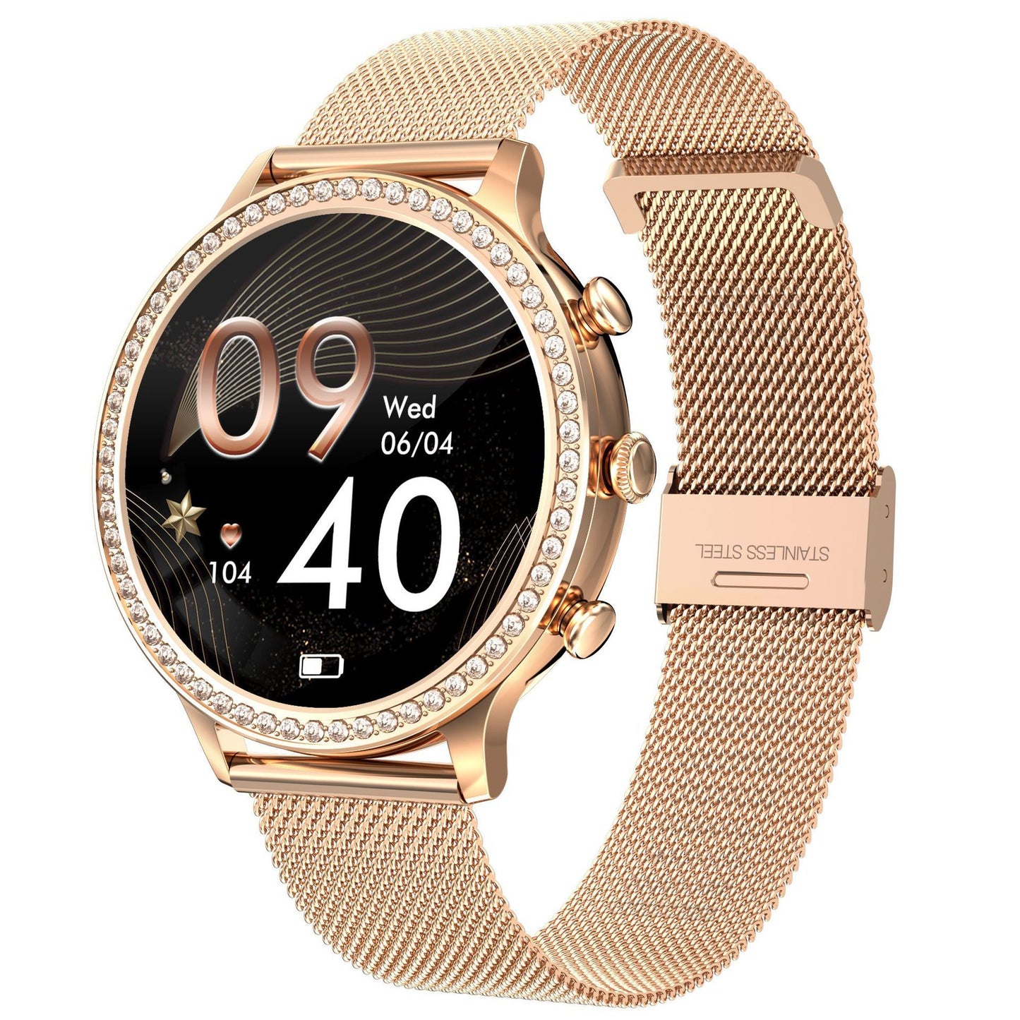 Rose gold smartwatch with a mesh band on a white background
