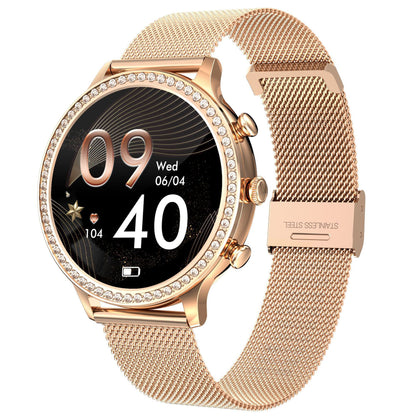 Rose gold smartwatch with a mesh band on a white background