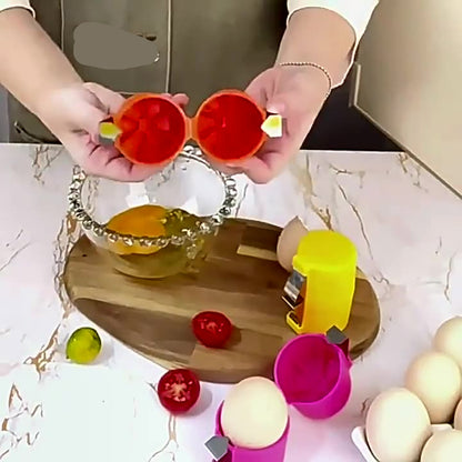 Person using a toy kitchen set with colorful plastic items on a table.