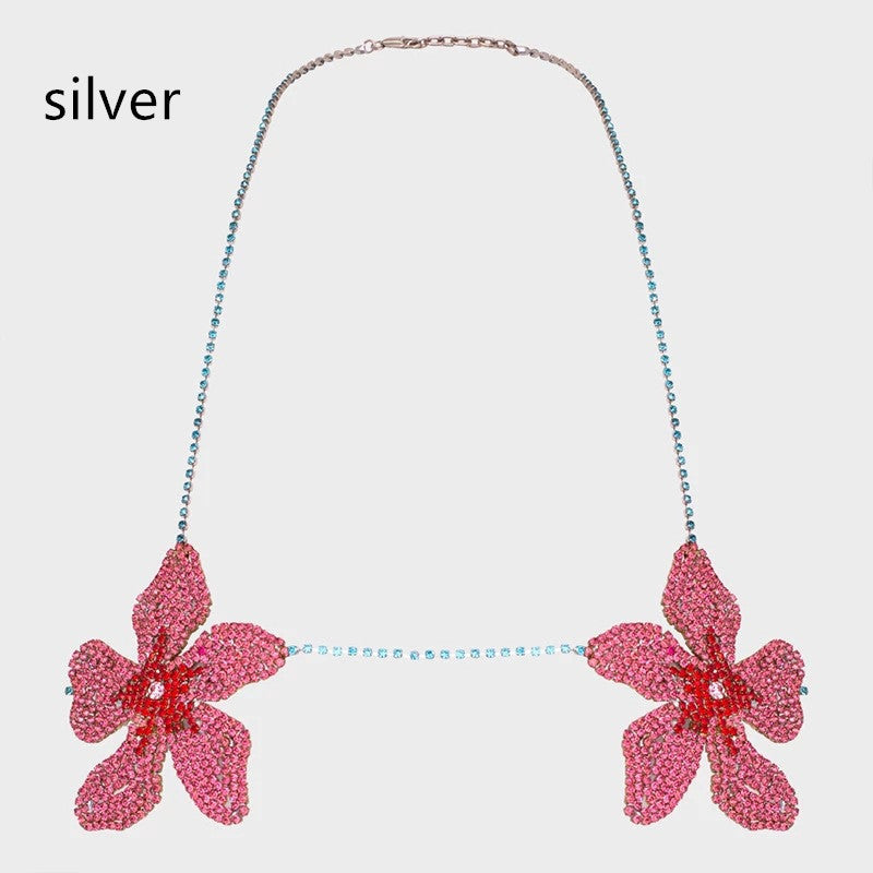 European and American Fashion Flower Chest Chain – Elegant Pink Crystal Design